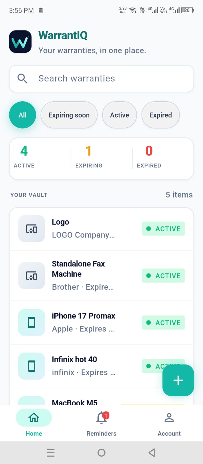 WarrantIQ app home screen showing your warranty vault, active items, and reminders